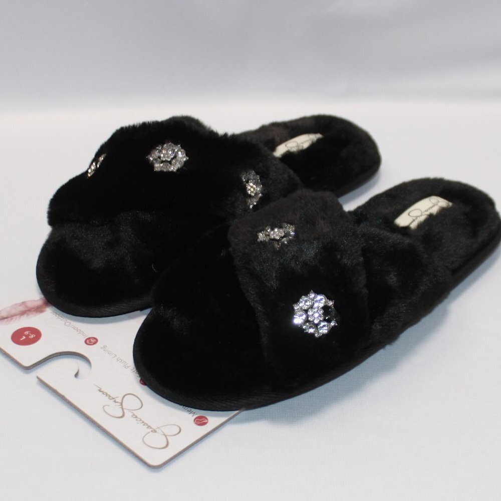NWT Jessica Simpson Black Fur and Rhinestone Memory Foam Slippers